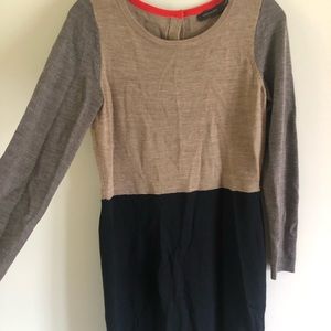 Knee length black, tan & gray block sweater dress